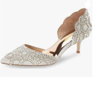 XYD Grey Pointed Toe D'Orsay Kitten Heel Rhinestone Studs Slip-On Satin Shoes
